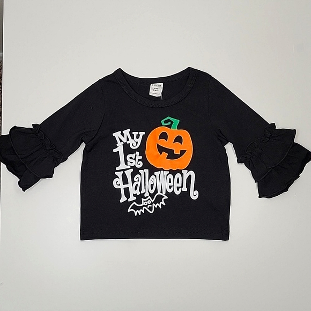 NWT Shein "My First Halloween" Pumpkin and Bat Ruffle Sleeve Top Size 3-6 Months